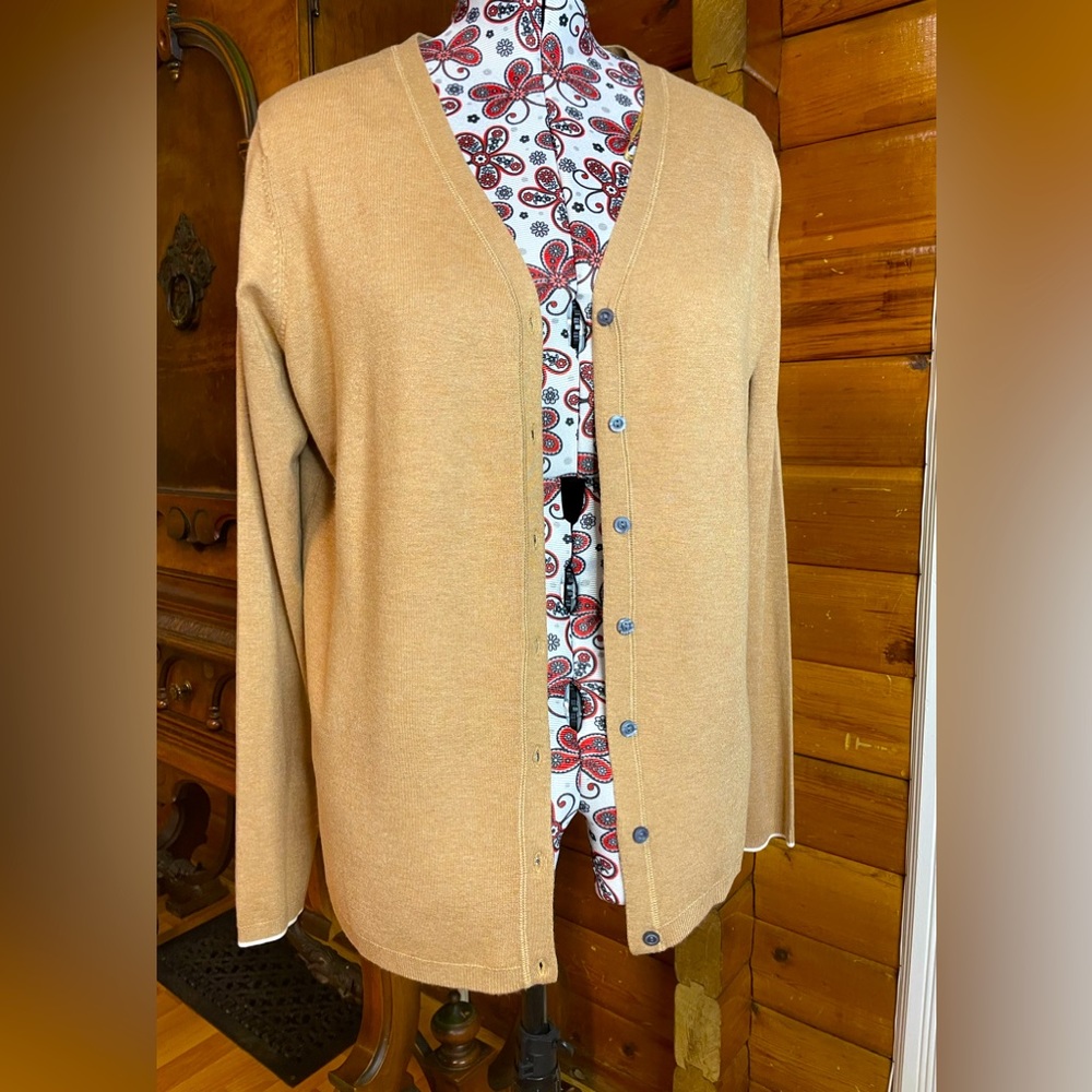 Denver Hayes Tan Cardigan Sweater Contrast Cuff V-Neck XL
